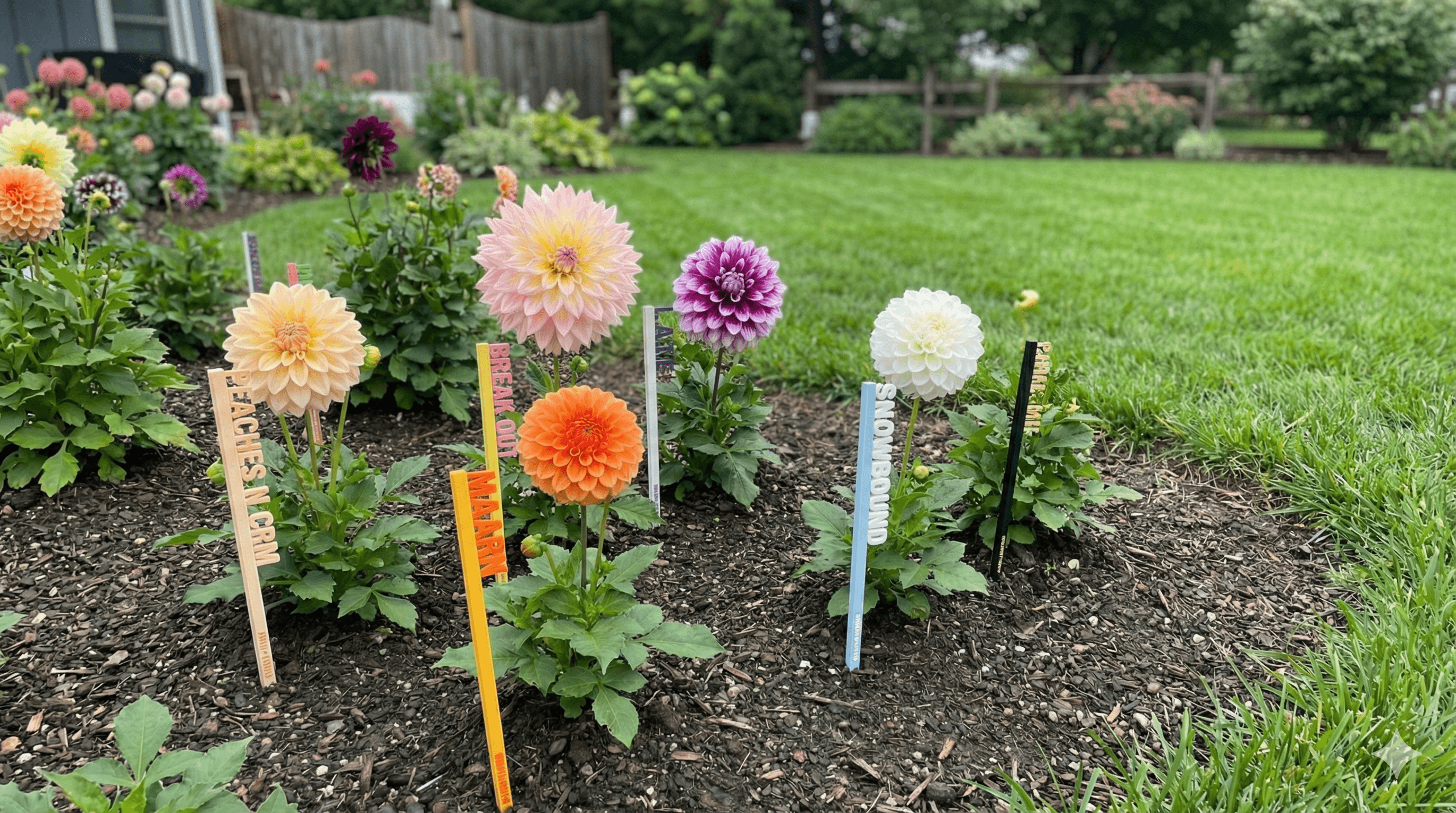 3D printed dahlia variety picks in a garden