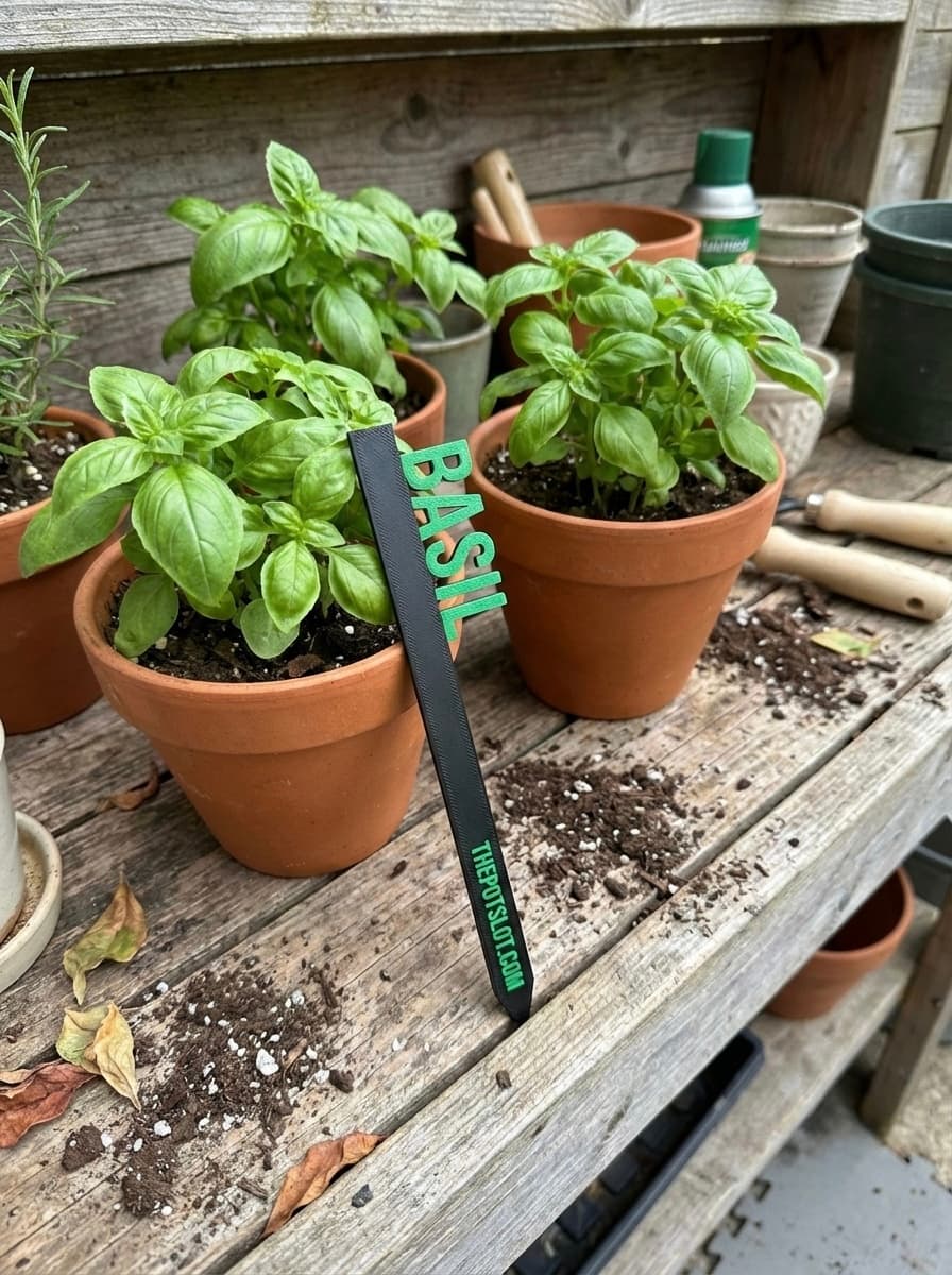 3D-printed basil garden pick in a terra cotta pot with herbs