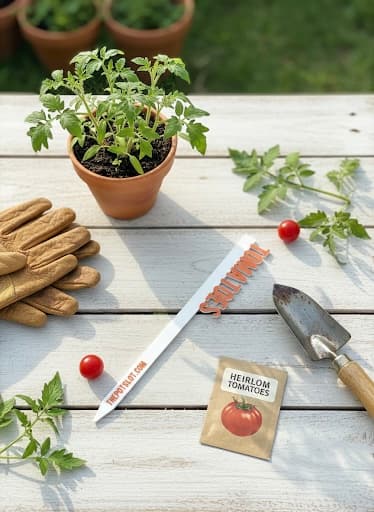 3D-printed tomato garden pick with seed packet and gardening tools