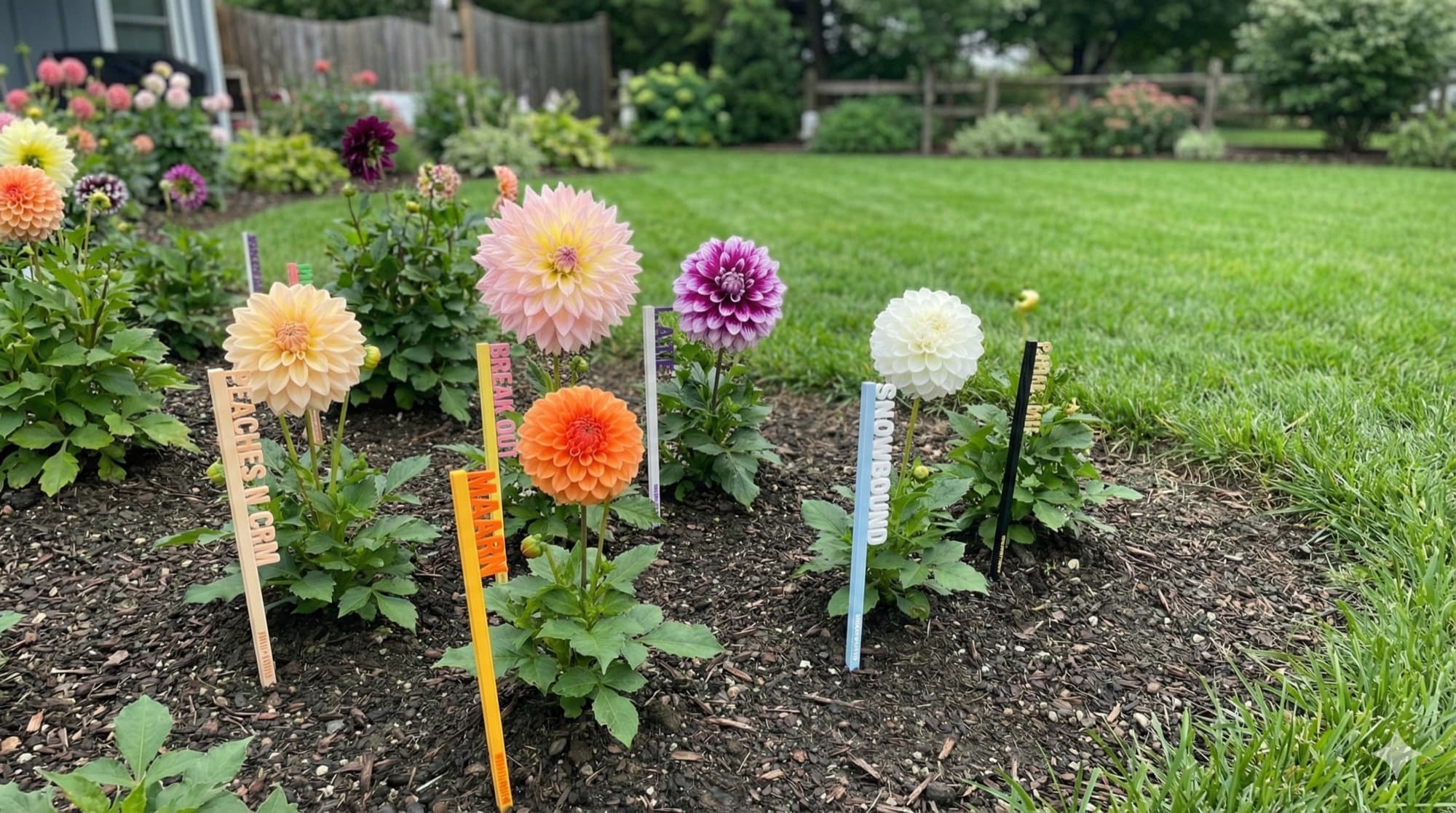 Colorful 3D-printed dahlia variety picks marking blooming peach, pink, orange, purple, and white dahlias in a garden bed