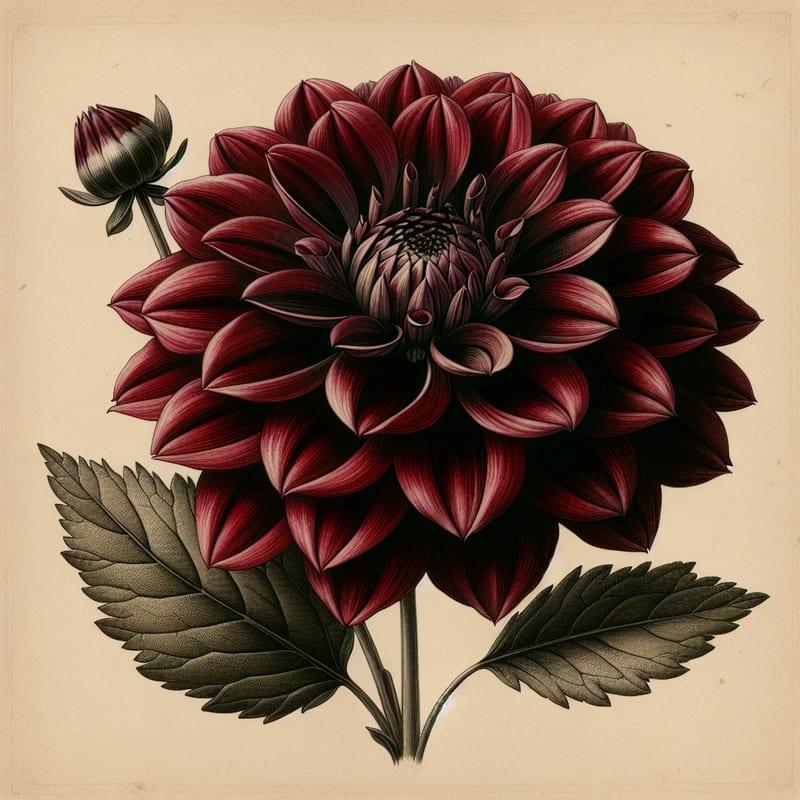 Botanical illustration of Arabian Night dahlia