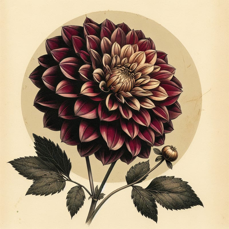 Botanical illustration of Bishop of Auckland dahlia