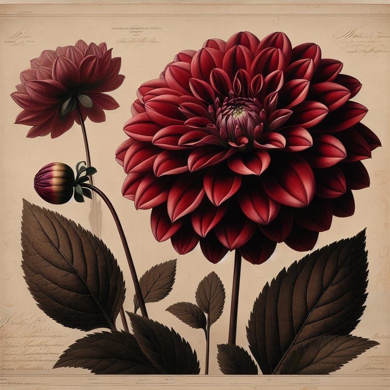 Botanical illustration of Bishop of Llandaff dahlia