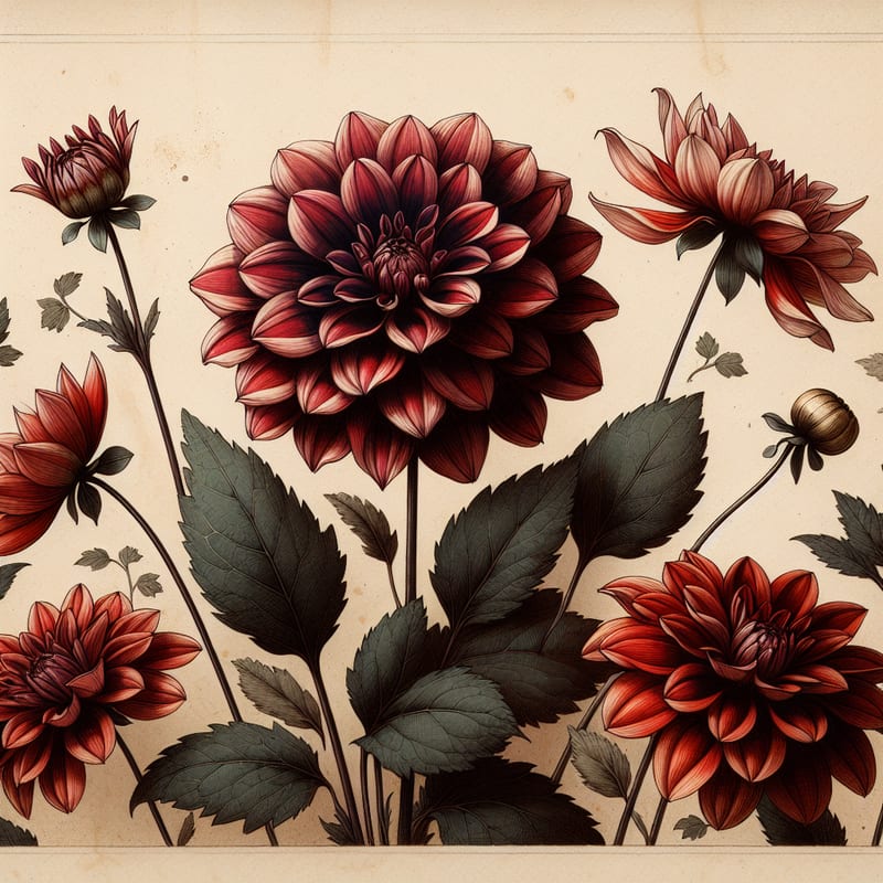 Botanical illustration of Bishop of Oxford dahlia
