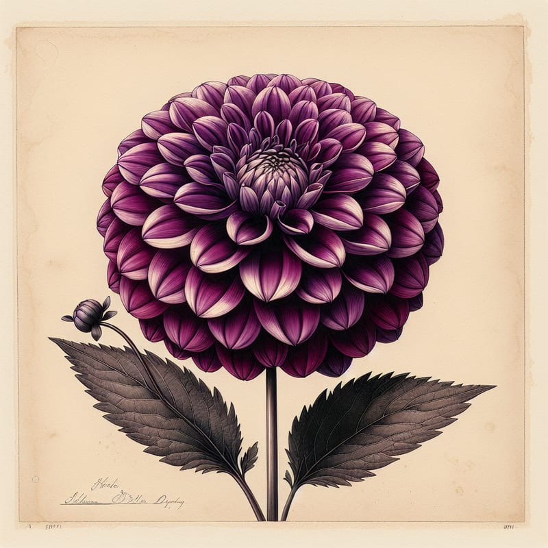 Botanical illustration of Boom Boom Purple dahlia