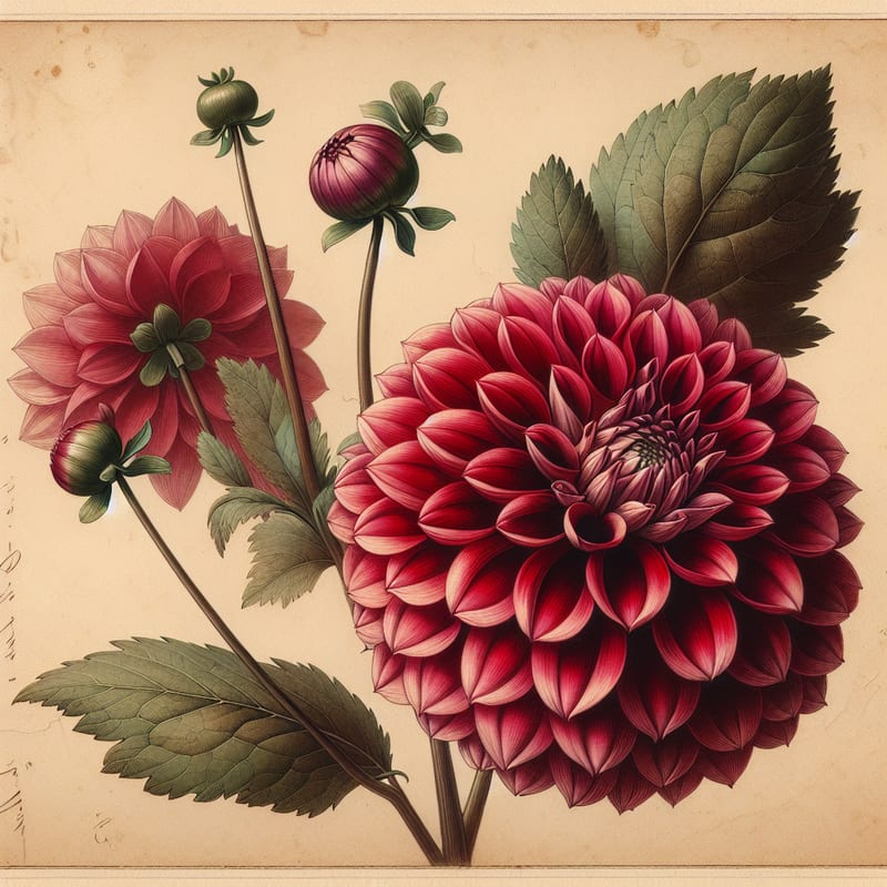 Botanical illustration of Boom Boom Red dahlia