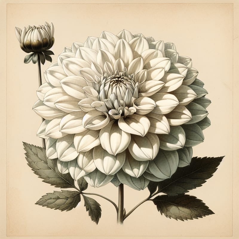 Botanical illustration of Boom Boom White dahlia