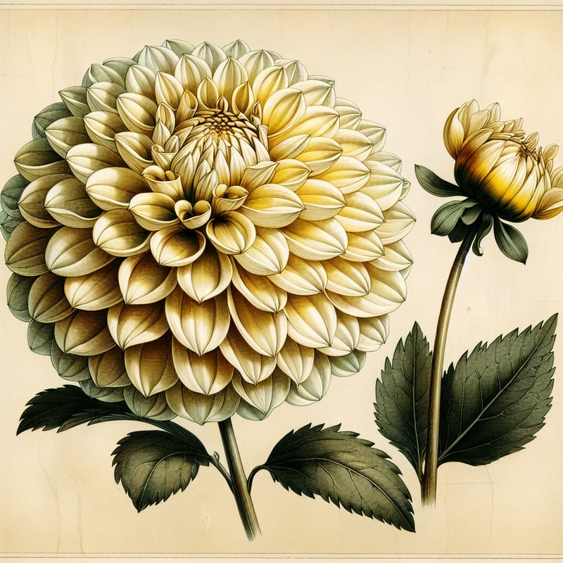Botanical illustration of Boom Boom Yellow dahlia