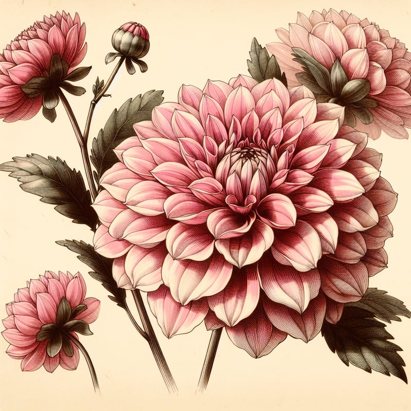 Botanical illustration of Gallery Art Deco dahlia