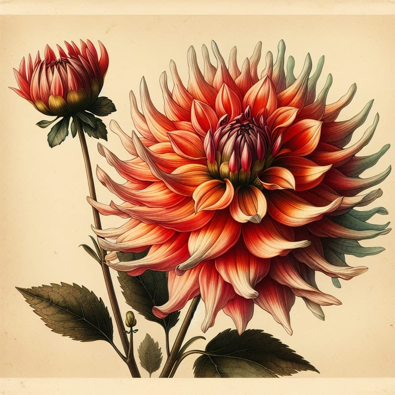 Botanical illustration of Karma Bon Bini dahlia