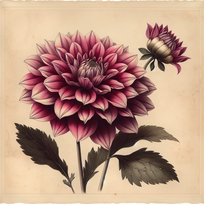 Botanical illustration of Karma Fuchsiana dahlia