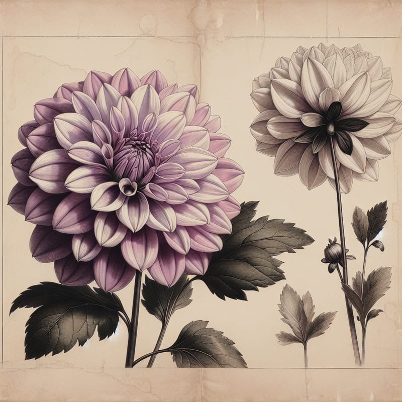 Botanical illustration of Karma Irene dahlia