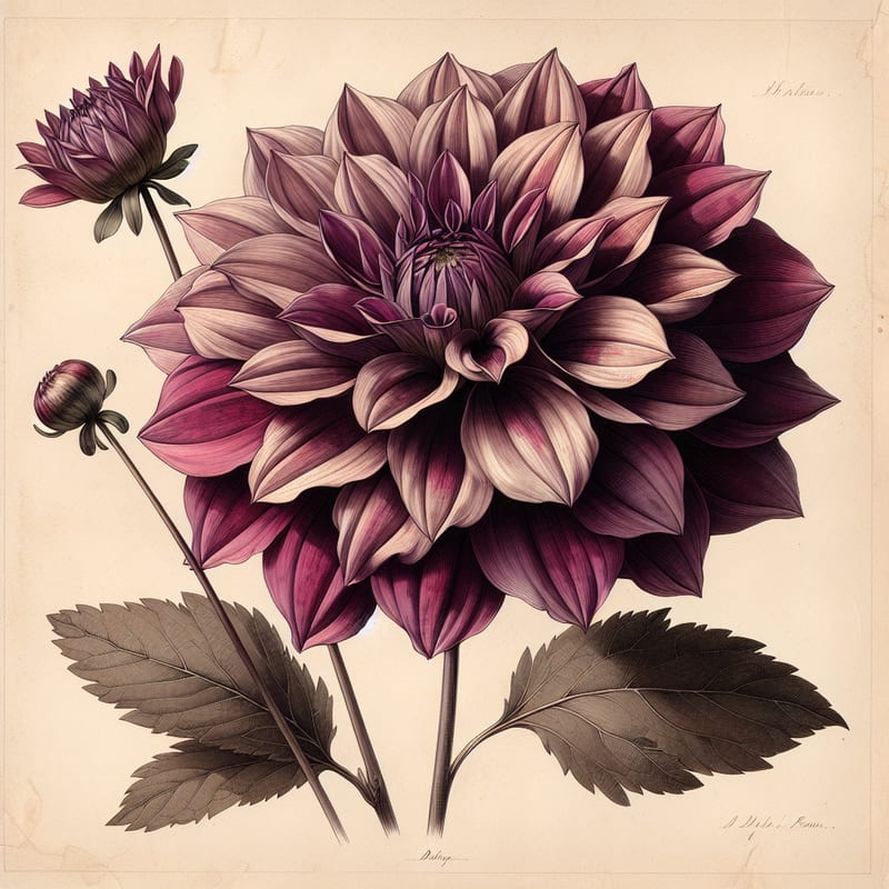 Botanical illustration of Karma Sangria dahlia