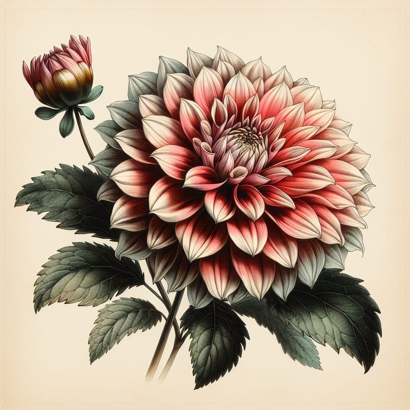 Botanical illustration of Karma Yin Yang dahlia