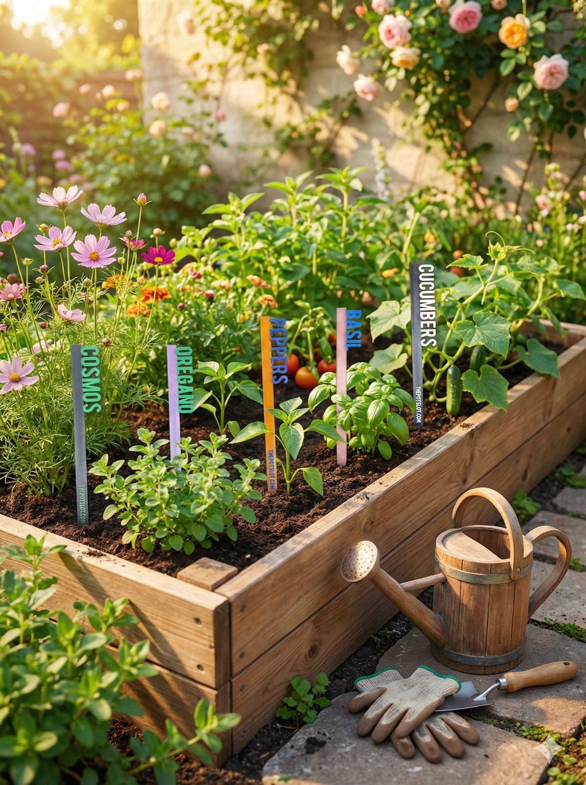 Colorful 3D-printed garden picks labeled Cosmos, Oregano, Peppers, Basil, and Cucumbers in a raised bed with a watering can
